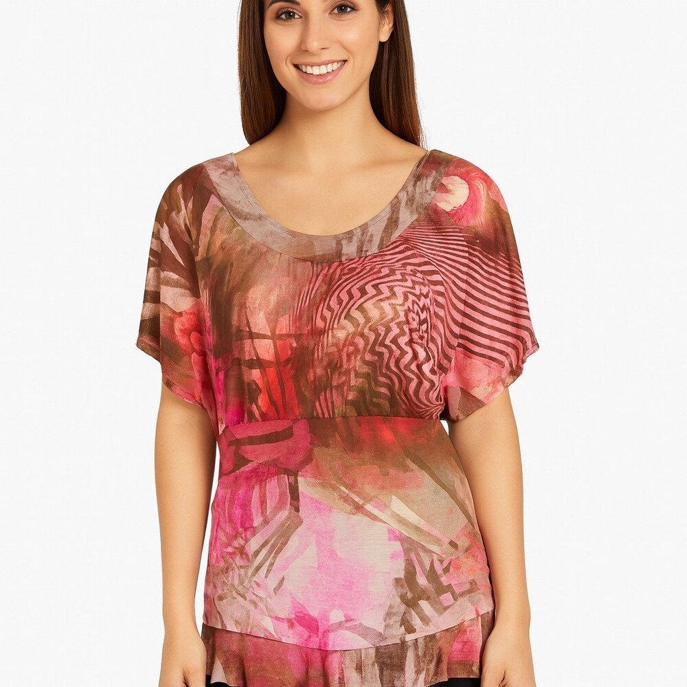 Women’s Multicolor Abstract Print Sheer Overlay Top Short Sleeve Size XL